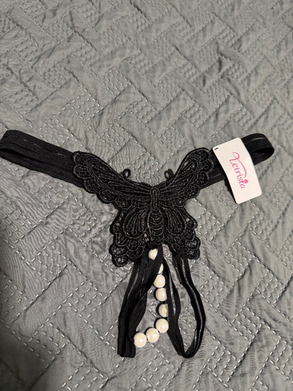 Beaded thong panties, black with pink flower, size S